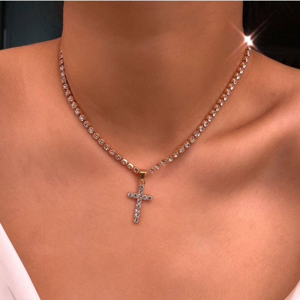 Rhinestone Bling Gold Cross Necklace